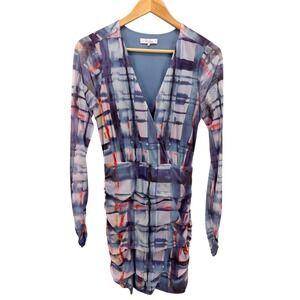 Parker Abstract Print Ruched‎ Mesh Dress Long Sleeve Bodycon Size 4 Watercolor